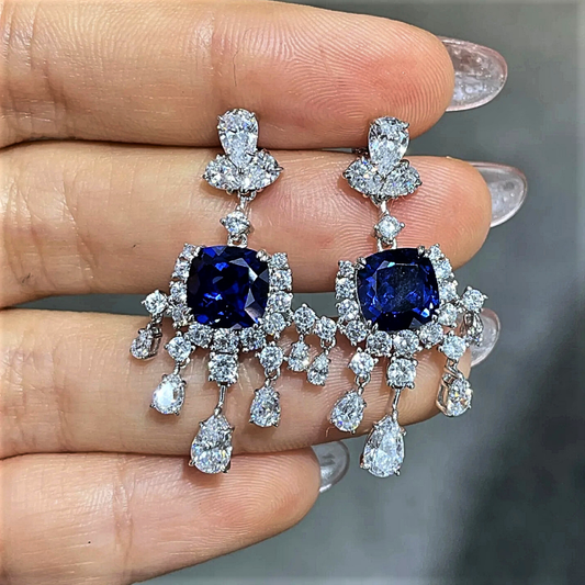 Orecchini Pendenti con Zaffiri o Rubini Taglio Cuscino e Diamanti Coltivati