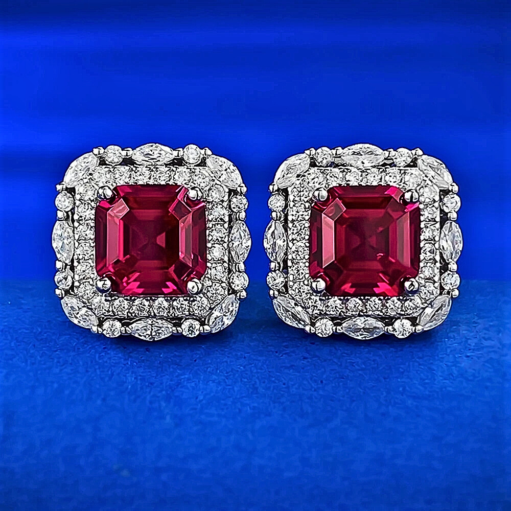 Orecchini con Rubino Taglio Asscher Coltivato e Diamanti Lab Grown