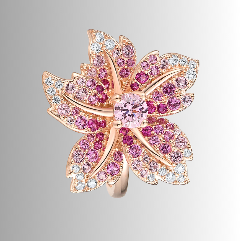 Anello a Fiore con Pavè di Spinelli Blu o Zaffiri Rosa Coltivati