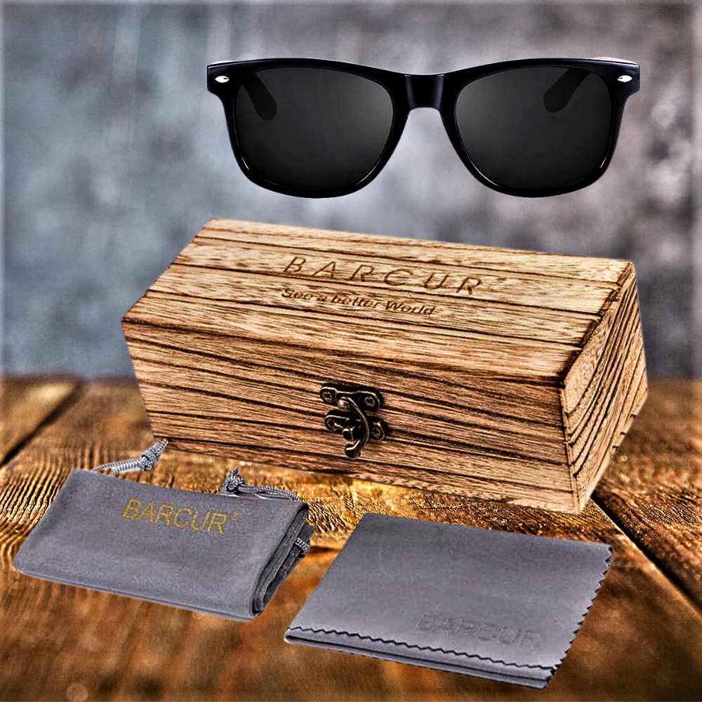 Gafas polarizadas BARCUR en caja de madera natural y nogal negro