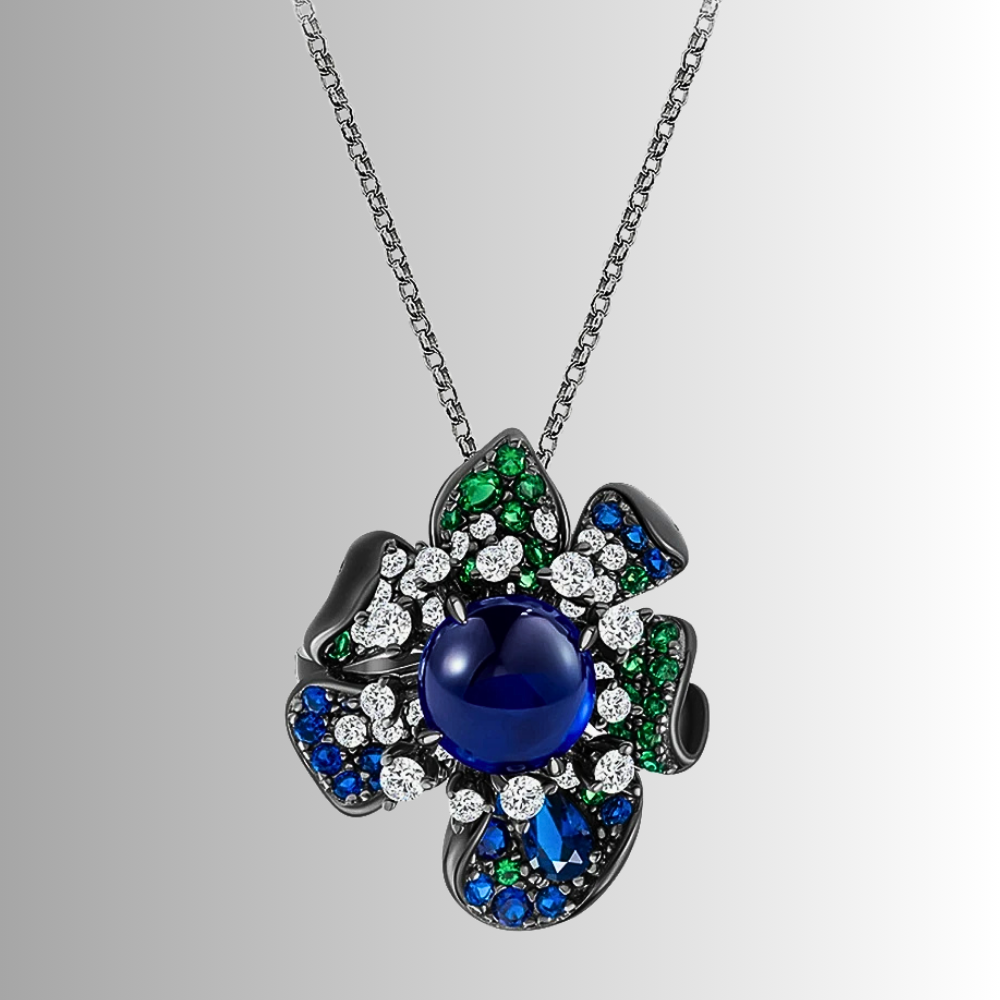 Collana Floreale con Zaffiro Lab Grown, Zaffiri, Smeraldi e Brillanti Sintetici