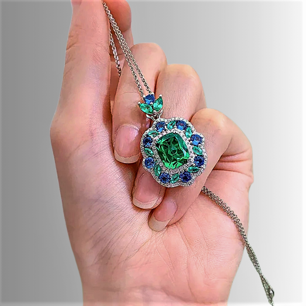 Parure Collana e Anello con Moissanite colore Smeraldo e Zaffiro