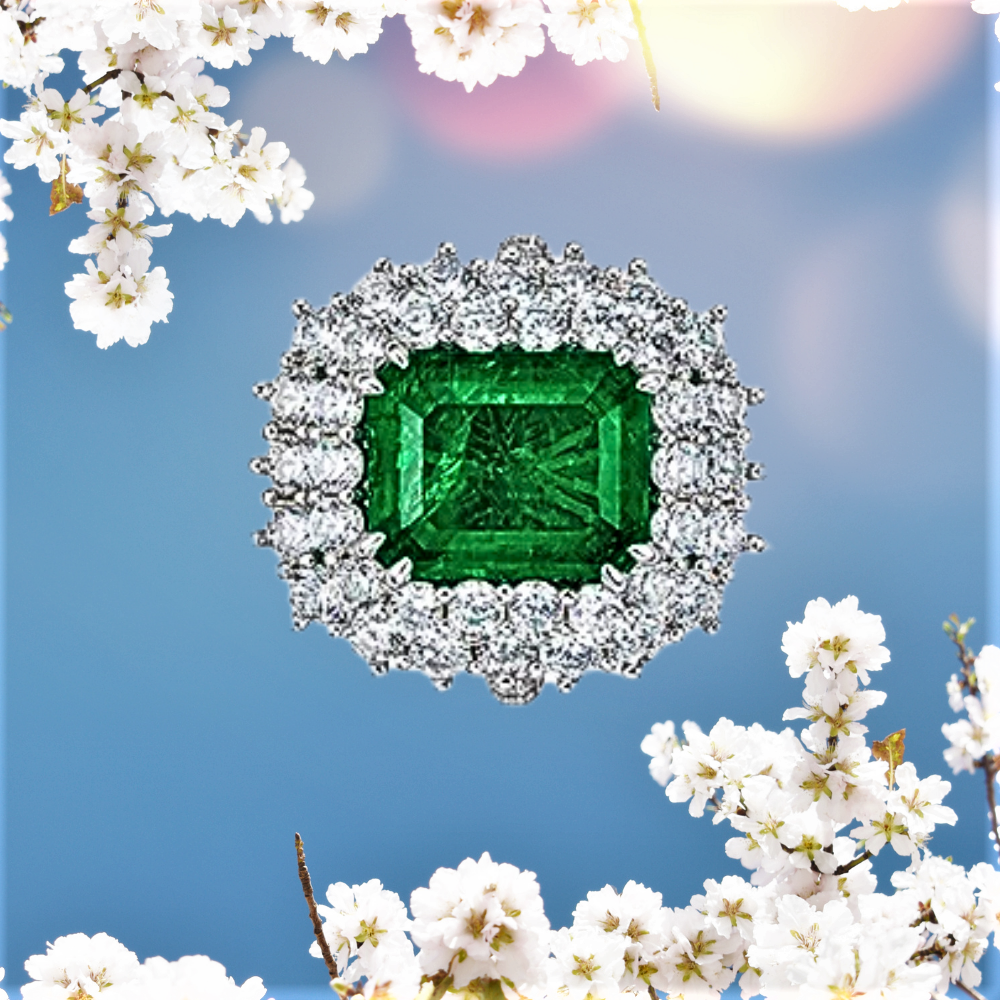 Anello con Smeraldo Colombiano Taglio Smeraldo Lab Grown per ct 6,50 e Brillanti Coltivati