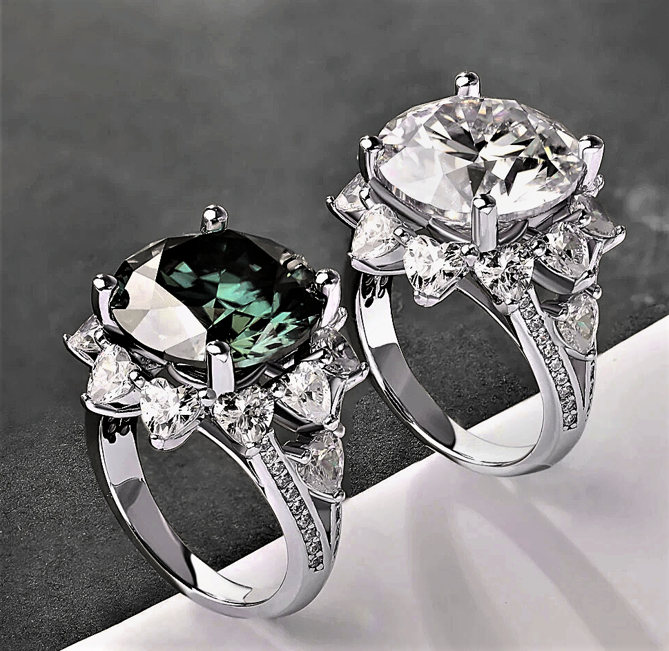 Anello con Moissanite Verde Smeraldo da 3 o 10 Carati
