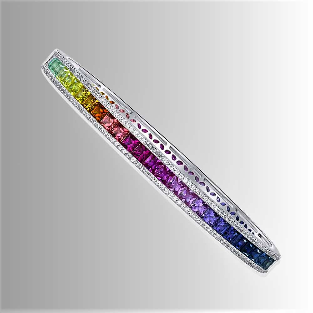 Bracciale rigido con Zaffiri Coltivati Multicolor e Brillanti Sintetici ad Alto Contenuto di Carbonio