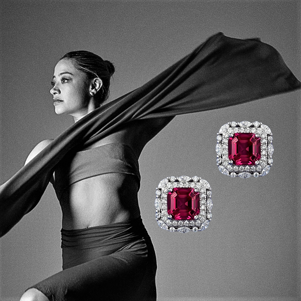 Orecchini con Rubino Taglio Asscher Coltivato e Diamanti Lab Grown
