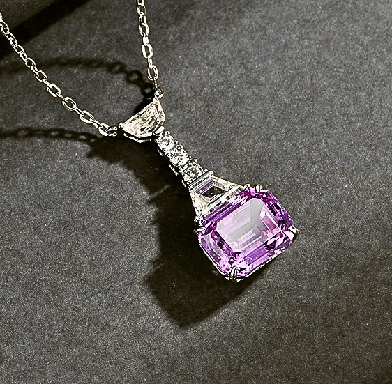 Collana con Zaffiro Rosa di Ct 6 Taglio Smeraldo e Diamanti Coltivati