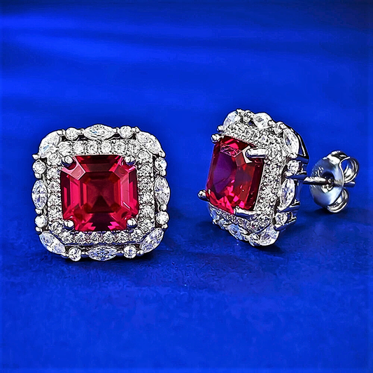 Orecchini con Rubino Taglio Asscher Coltivato e Diamanti Lab Grown