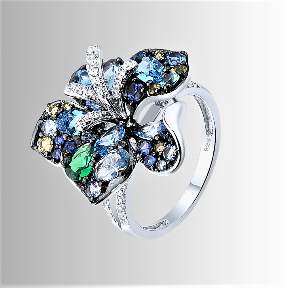 Anello a Fiore Blu con Zaffiri e Spinelli Coltivati