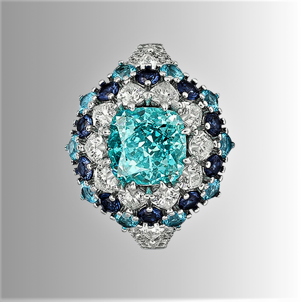 Fascia con Tormalina Paraiba Taglio Cuscino, Taglio Brillante, Zaffiri Lab Grown e Diamanti ad Alto Contenuto di Carbonio