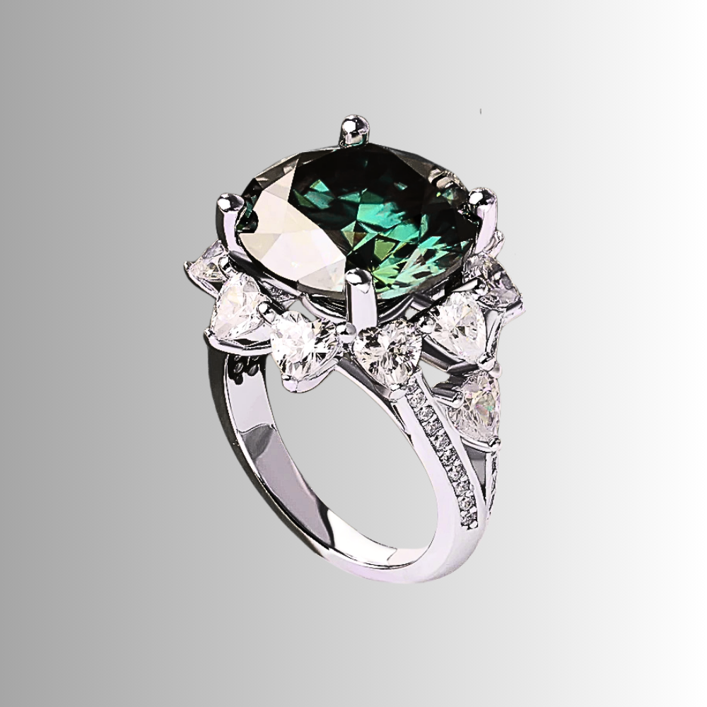 Anello "Regina di Cuori" con Moissanite Verde Smeraldo – Eleganza Intensa da 3 o 10 Carati