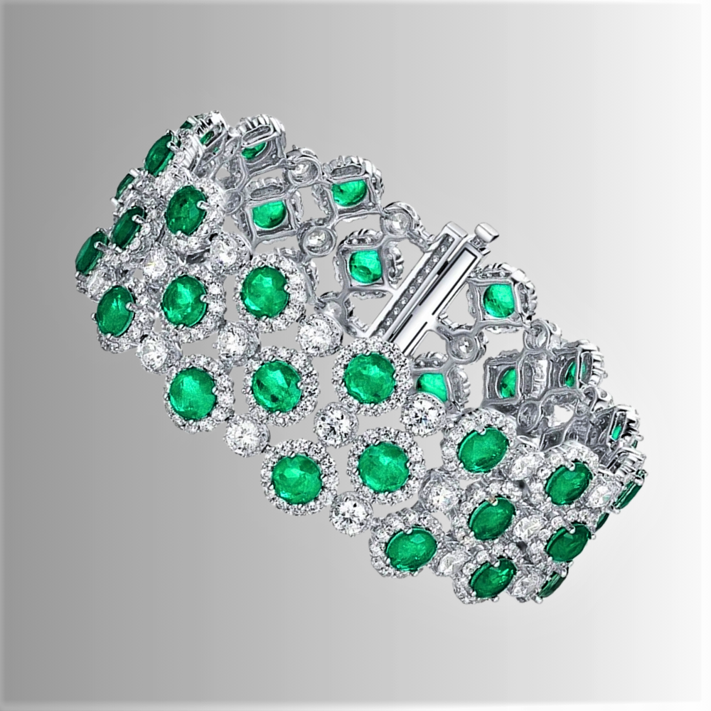Bracciale a "Tappeto" con Smeraldi Coltivati Taglio Brillante e Diamanti Sintetici