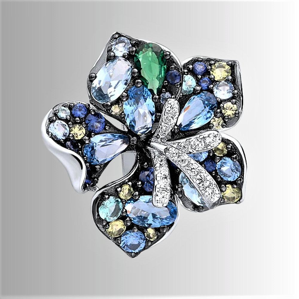 Anello a Fiore Blu con Zaffiri e Spinelli Coltivati
