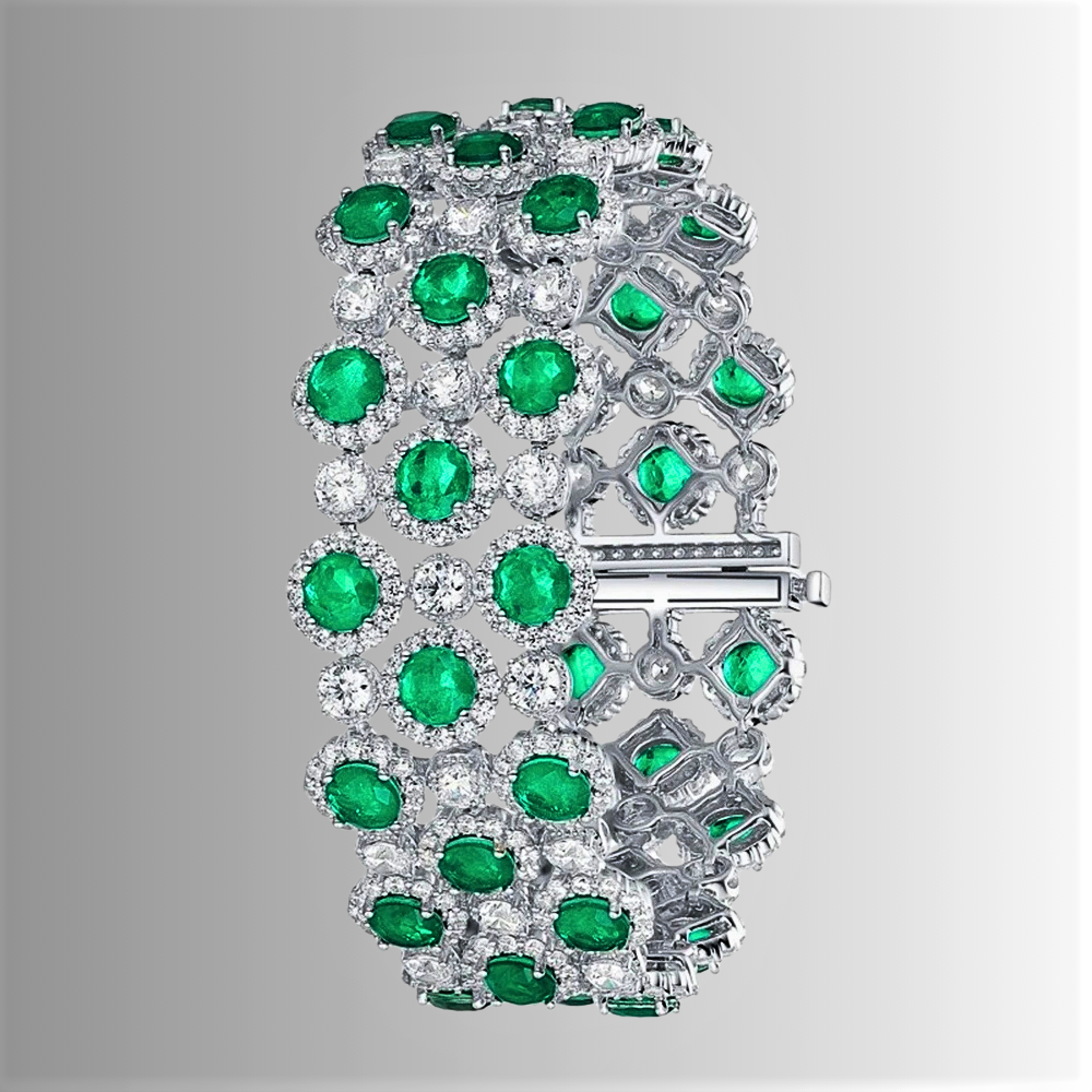 Bracciale a "Tappeto" con Smeraldi Coltivati Taglio Brillante e Diamanti Sintetici
