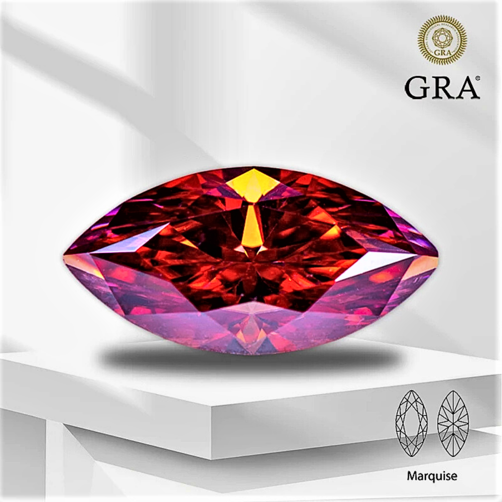 Moissanite Rossa con sfumature Gialle Taglio Marquise Certificata