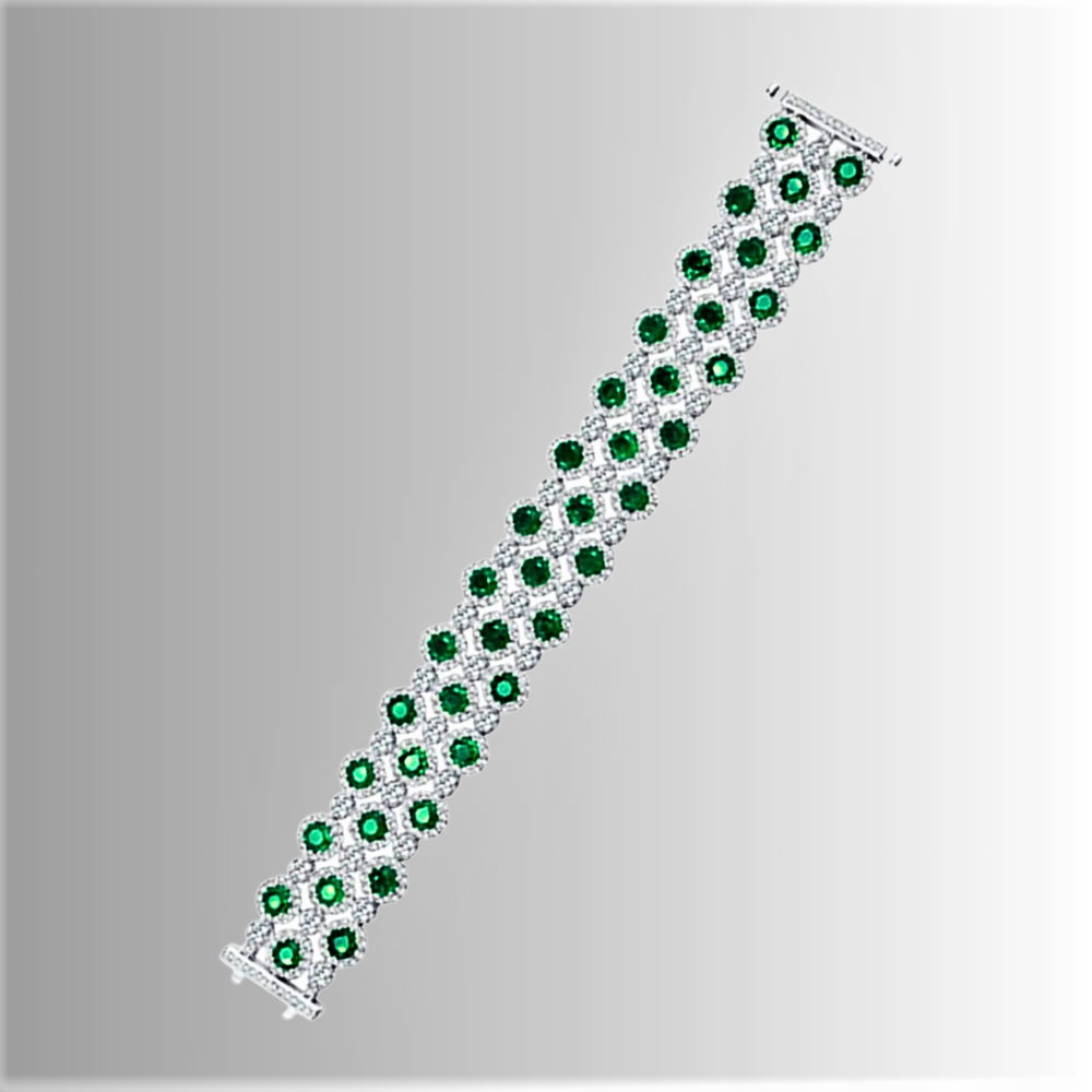 Bracciale a "Tappeto" con Smeraldi Coltivati Taglio Brillante e Diamanti Sintetici