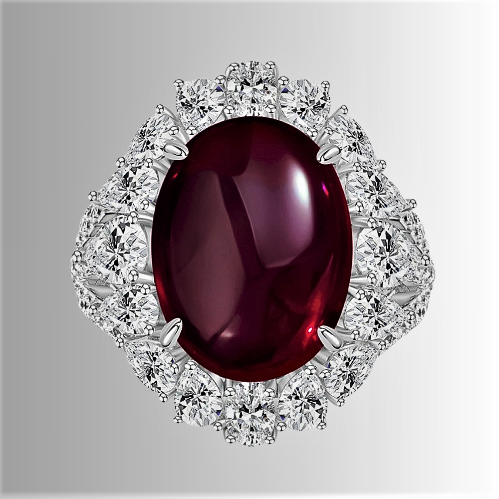 Fascia con Rubino Cabocon da 15 carati e Diamanti Taglio Goccia e Brillante Lab Grown