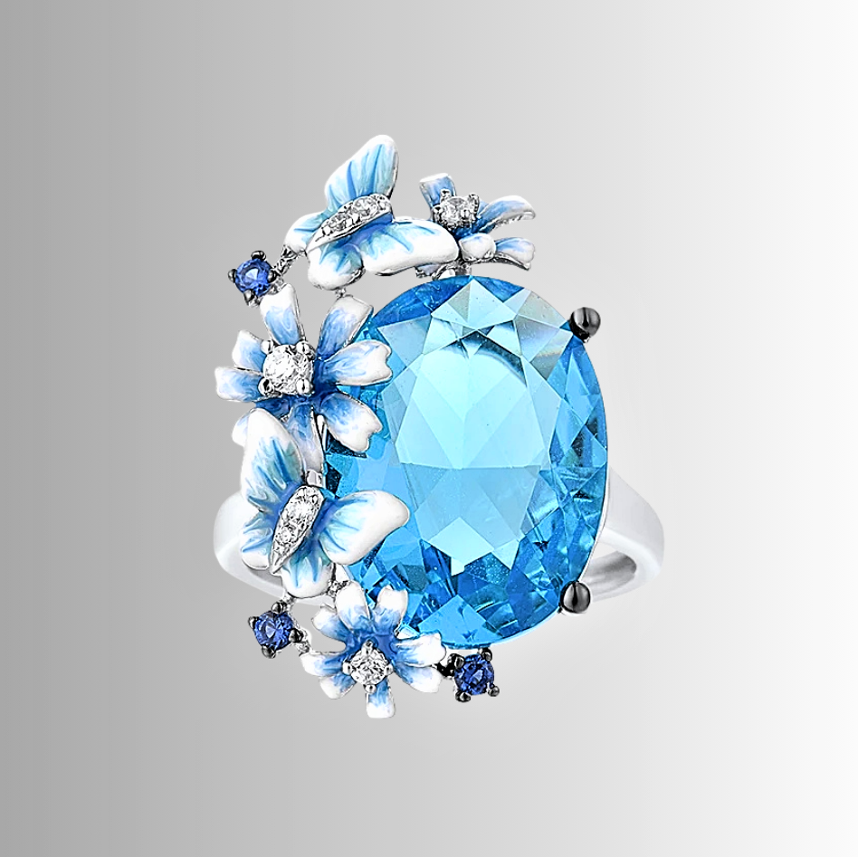 Anello con Farfalle e Fiori in Smalto Dipinto a Mano su Acquamarina Sintetica