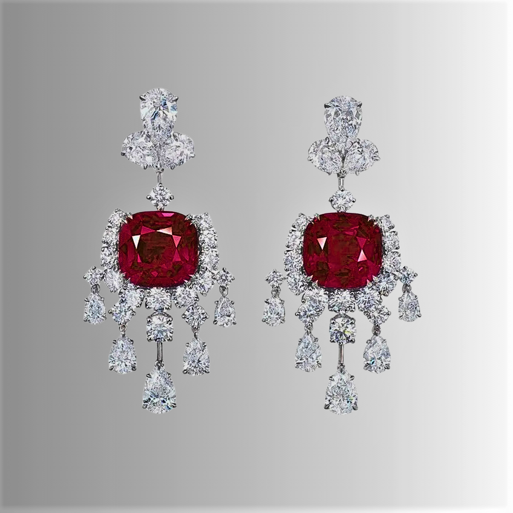 Orecchini Pendenti con Zaffiri o Rubini Taglio Cuscino e Diamanti Coltivati