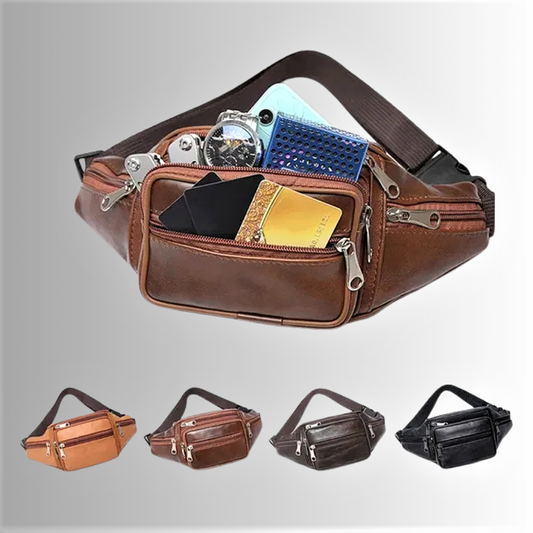 Marsupio a 6 Tasche in Vera Pelle di Vitellino