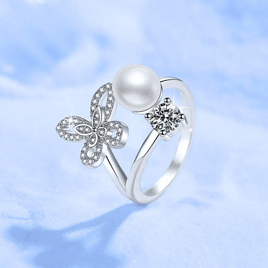 Anello a Farfalla con Moissanite e Perla