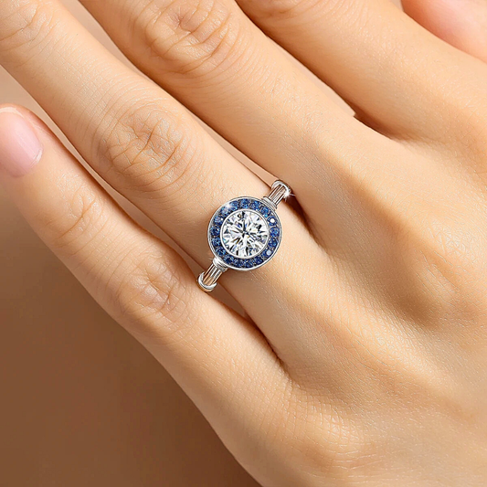 Fascetta con Moissanite per ct 1,00 e Gemme Blu Zaffiro