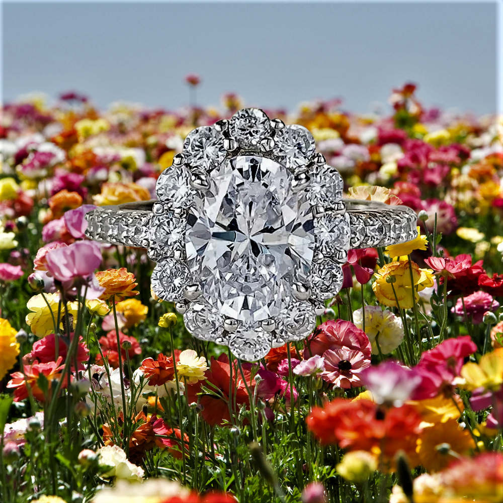 Anello a Fiore con Moissanite Ovale 3ct: Grazia, Luce e Fascino Infinito