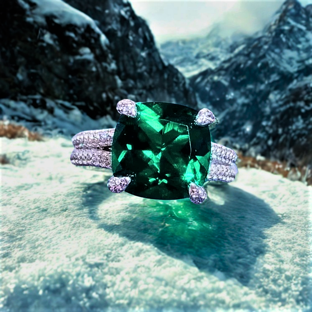 Anello con Smeraldo Colombiano Taglio Cuscino e Brillanti Lab Grown