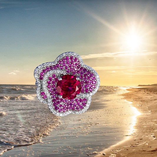 Anello Floreale con Rubino Lab Grown e Petali Multistrato di Zaffiri Rosa
