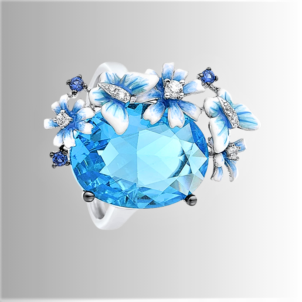 Anello con Farfalle e Fiori in Smalto Dipinto a Mano su Acquamarina Sintetica