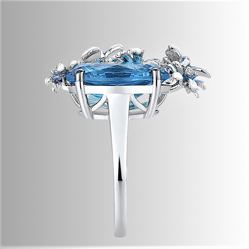Anello con Farfalle e Fiori in Smalto Dipinto a Mano su Acquamarina Sintetica