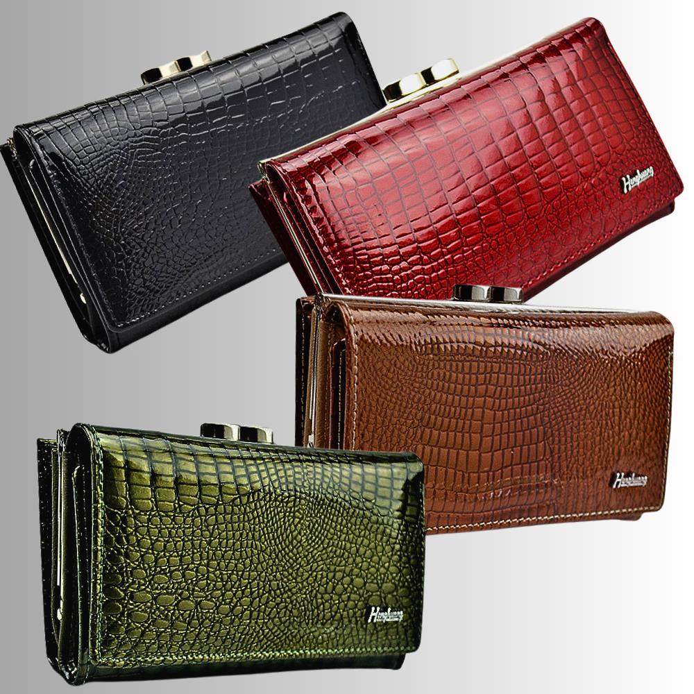 Cartera de piel de becerro auténtica con temática de cocodrilo
