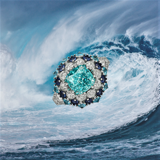 Fascia con Tormalina Paraiba Taglio Cuscino, Taglio Brillante, Zaffiri Lab Grown e Diamanti ad Alto Contenuto di Carbonio