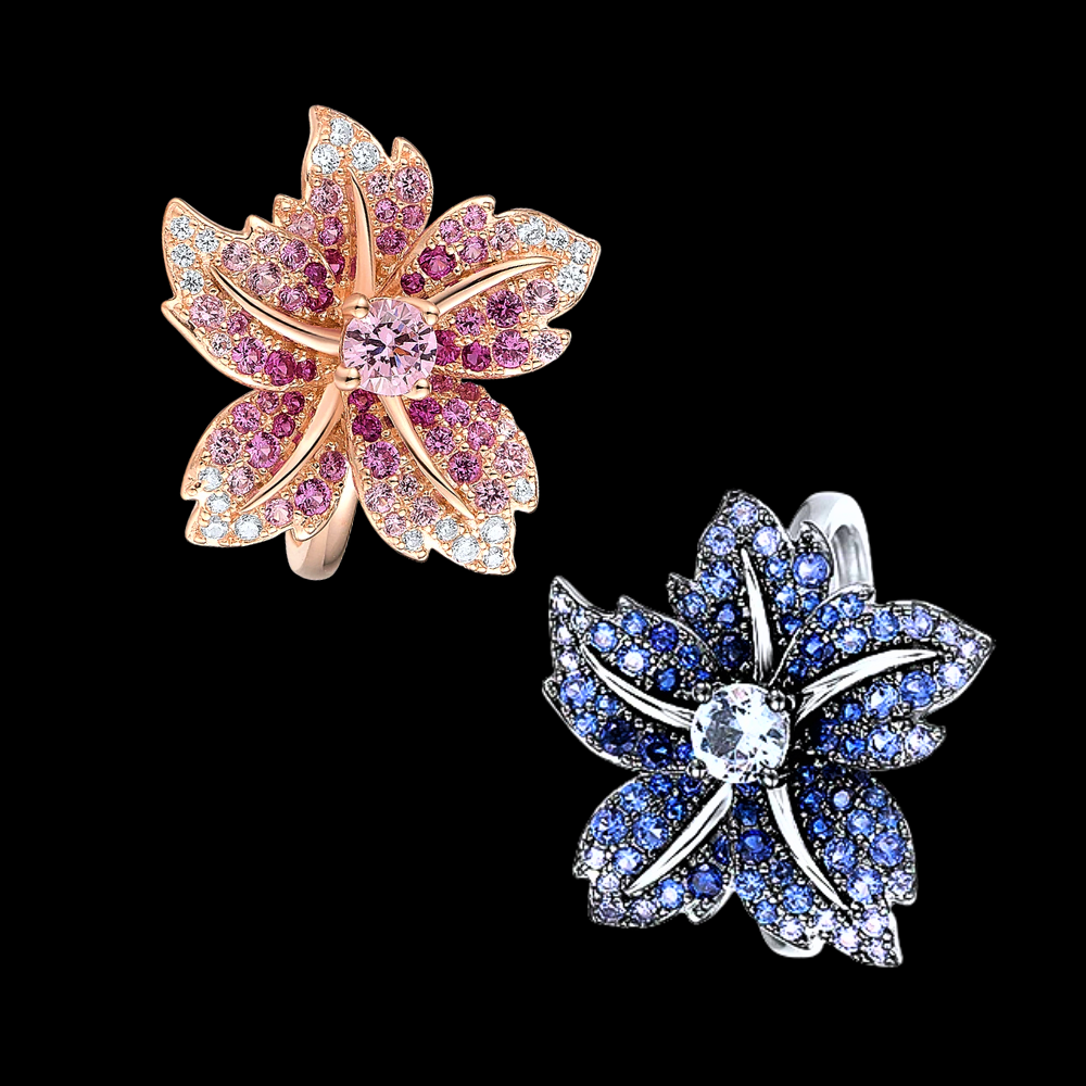 Anello a Fiore con Pavè di Spinelli Blu o Zaffiri Rosa Coltivati