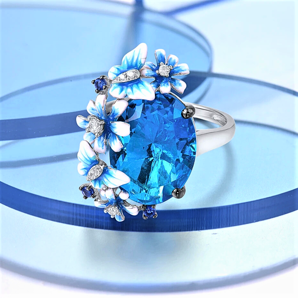 Anello con Farfalle e Fiori in Smalto Dipinto a Mano su Acquamarina Sintetica