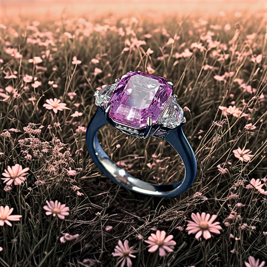 Trilogy con Zaffiro Rosa Taglio Smeraldo e Diamanti Taglio Trapezio Esagonale Lab Grown