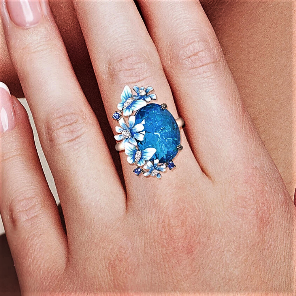 Anello con Farfalle e Fiori in Smalto Dipinto a Mano su Acquamarina Sintetica