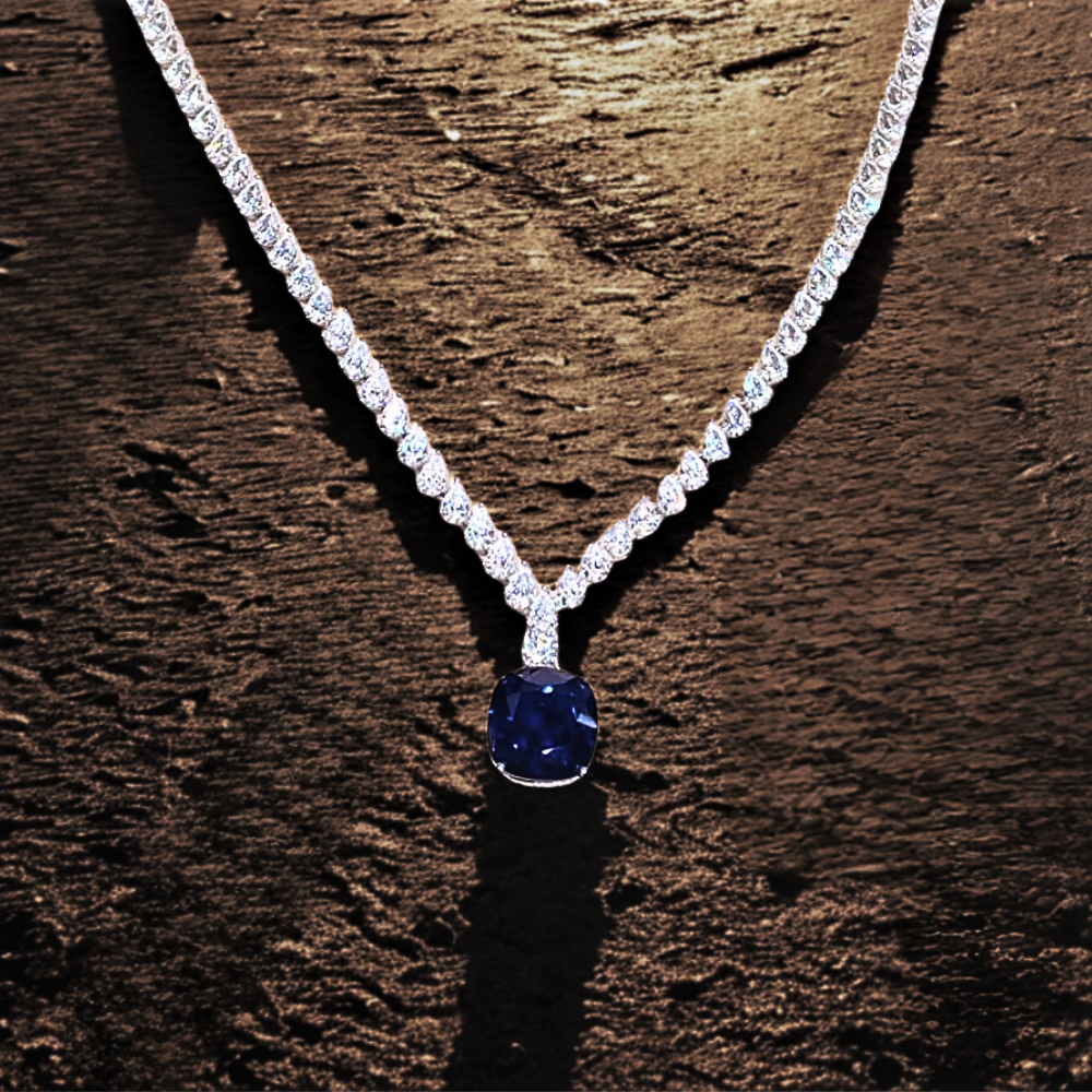 Collana Tennis con Diamanti Taglio Goccia e Zaffiro Royal Blue Coltivato Taglio Cuscino