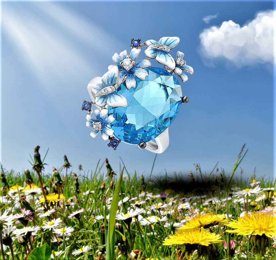Anello con Farfalle e Fiori in Smalto Dipinto a Mano su Acquamarina Sintetica