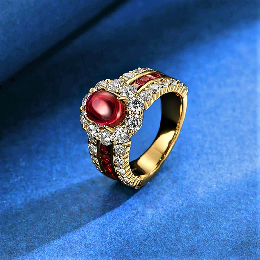 Fascia a Fiore con Rubino Cabocon Ovale e Carrè Coltivati e con Brillanti Sintetici ad Alto Contenuto di Carbonio