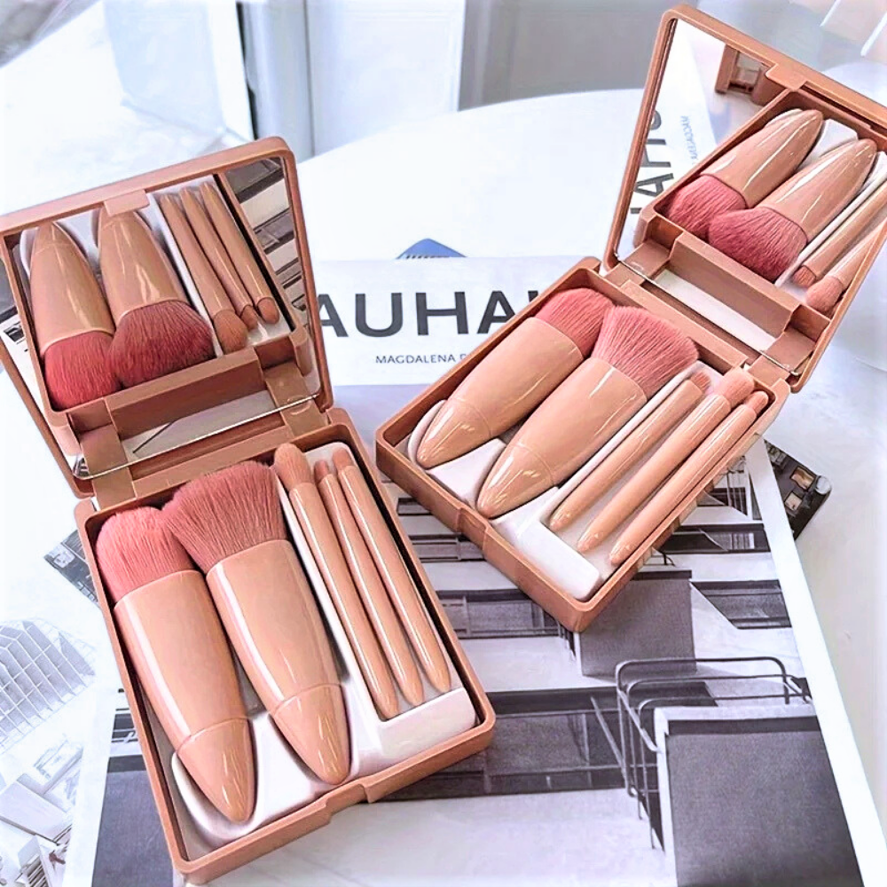 Mini Set di 5 Pennelli per Make Up con Specchio
