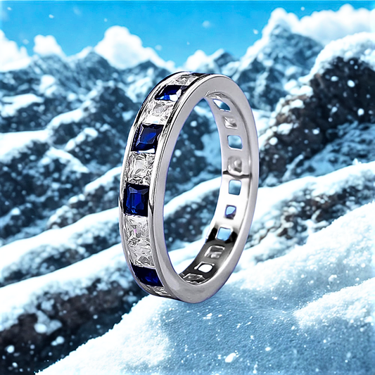 Fede Eternity a binario con Zaffiri e Diamanti Sintetici ad Alto Contenuto di Carbonio Taglio Princess