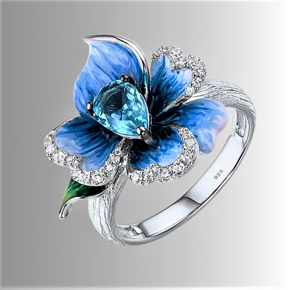 Anello Orchidea Blu con Acquamarina Sintetica e Smalto Dipinto a Mano
