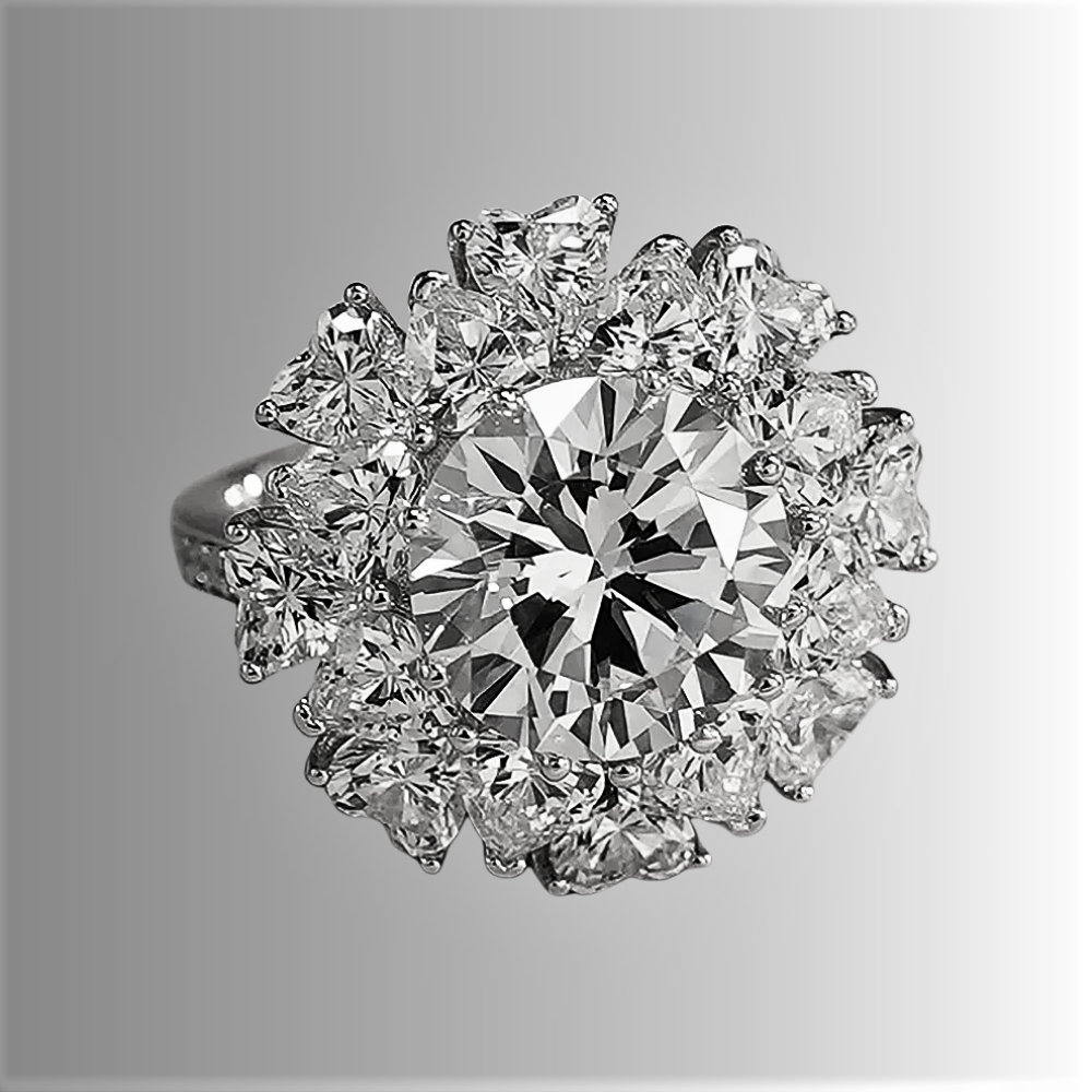 Anello "Fiore di Luce" con Moissanite da 5 ct circondata da Cuori: Un’Eclissi di Eleganza