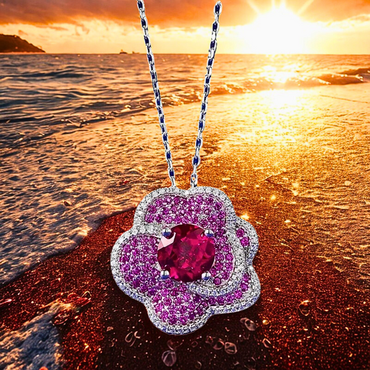 Collana Floreale con Rubino Lab Grown e Petali Multistrato di Zaffiri Rosa