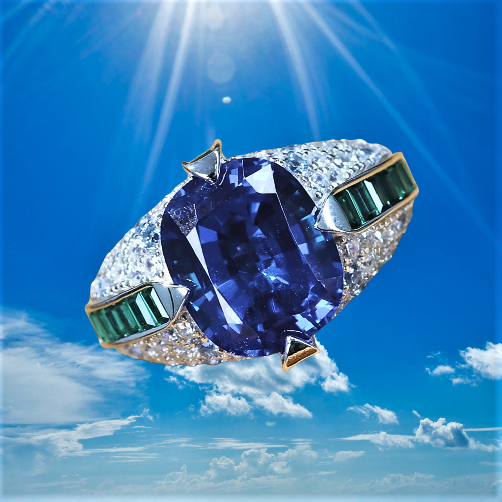Anello con Zaffiro Ovale, Smeraldi Taglio Baguette e Brillanti Lab Grown