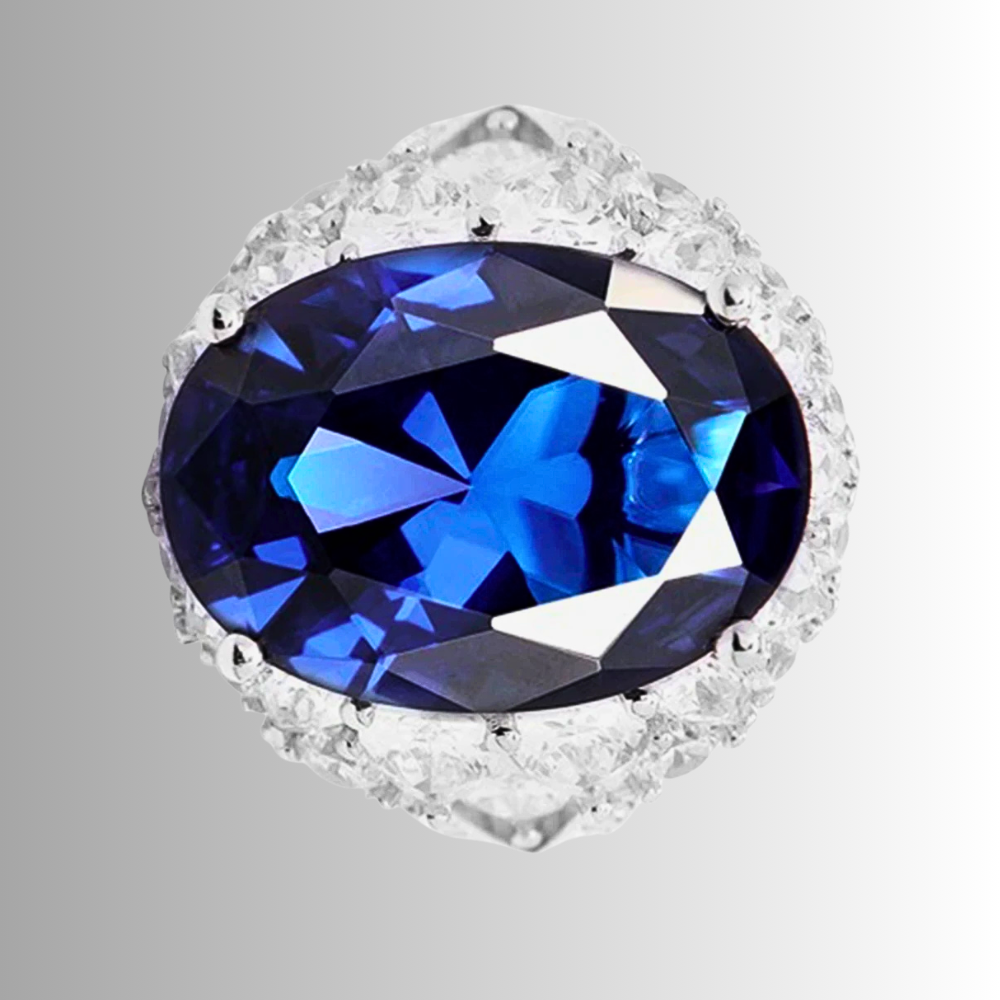 Fascione con Zaffiro Blu Coltivato Ovale e Diamanti Sintetici ad Alto Contenuto di Carbonio