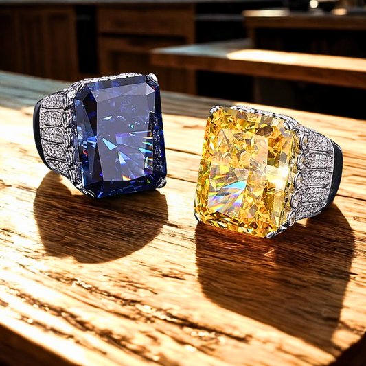 Fascione "Corona Imperiale" con Diamante Giallo o Zaffiro Blu Taglio Radiant da 45 carati e Brillanti Lab Grown