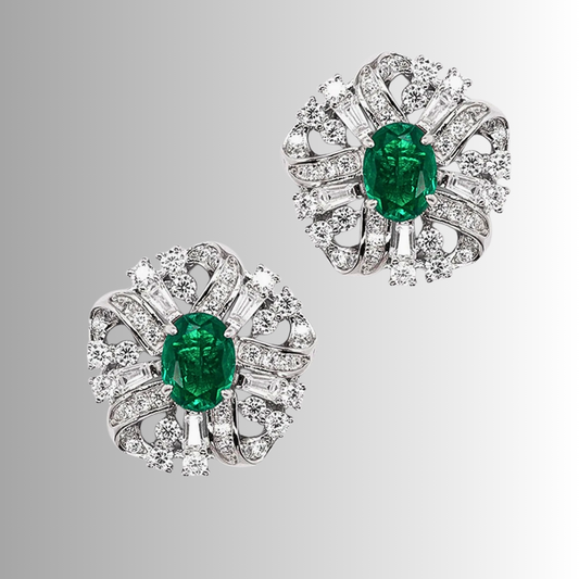 Orecchini a Fiore con Smeraldi o Rubini Coltivati Ovali e Diamanti Sintetici ad Alto Contenuto di Carbonio