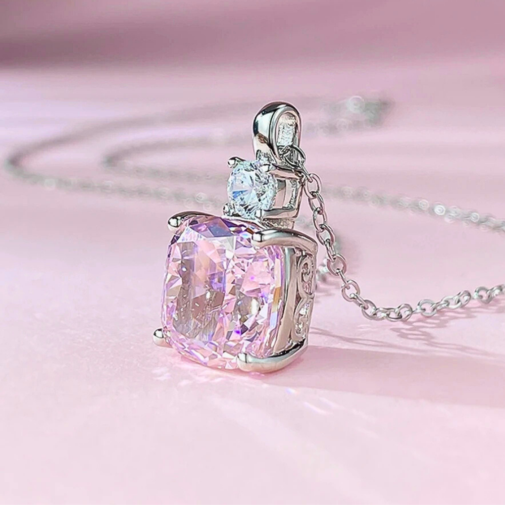 Collana con Ciondolo in Zaffiro Rosa Taglio Cuscino e Brillante Lab Grown